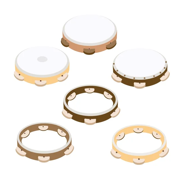 Linda seis WoodenTambourine em fundo branco — Vetor de Stock