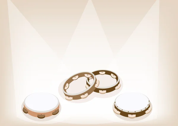 Beautiful Three Tambourine on Brown Stage Background — Stock Vector