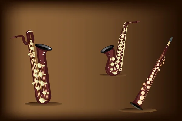 Three Retro Saxophone on Dark Brown Background — Stock Vector