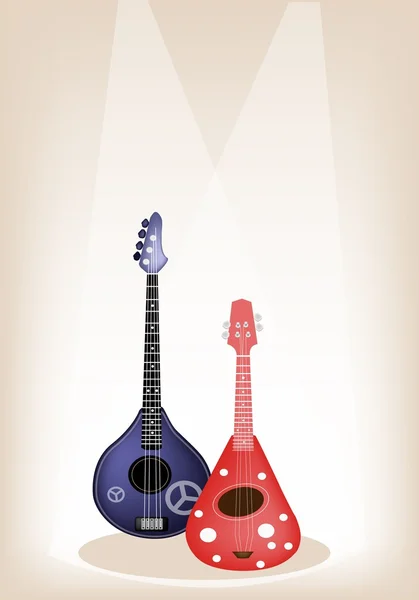 Two Beautiful Ukulele Guitar on Brown Stage Background — Stock Vector