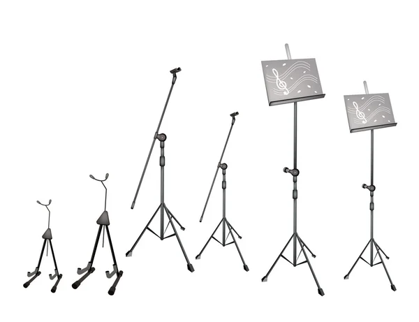 bir dizi müzik standı, mikrofon standı ve gitar standı