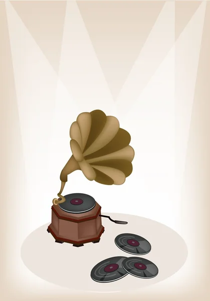 A Beautiful Vintage Gramophone on Brown Stage Background — Stock Vector