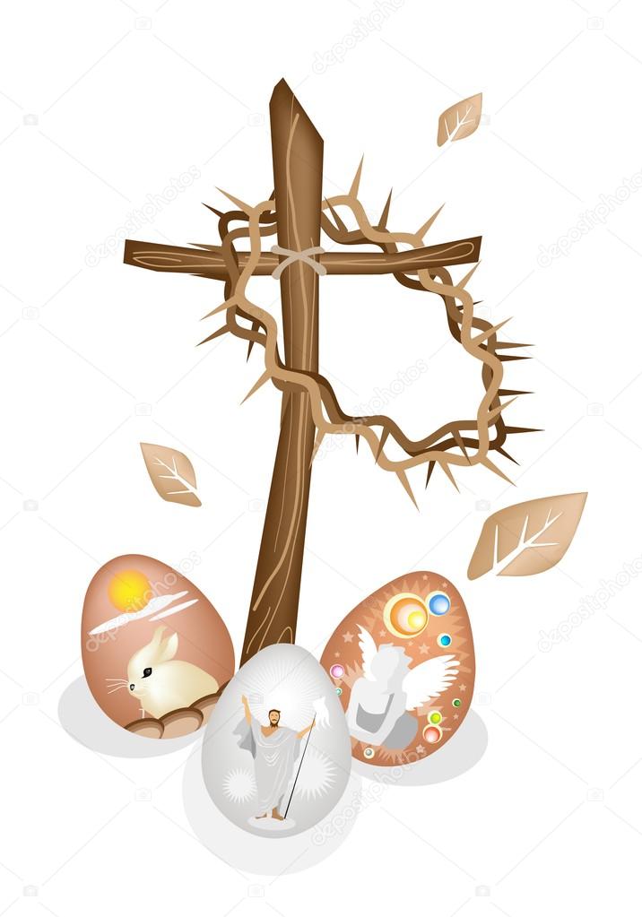 Wooden Cross and A Crown of Thorns with Easter Eggs