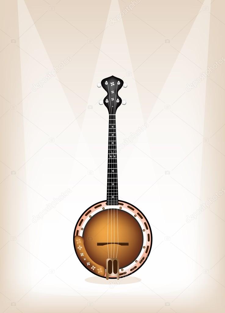 A Beautiful Banjo on Brown Stage Background