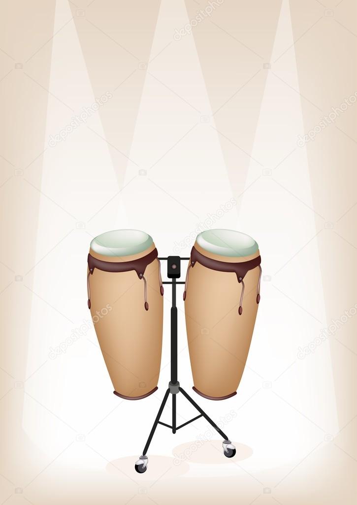 Beautiful Congas with Stand on Brown Stage Background