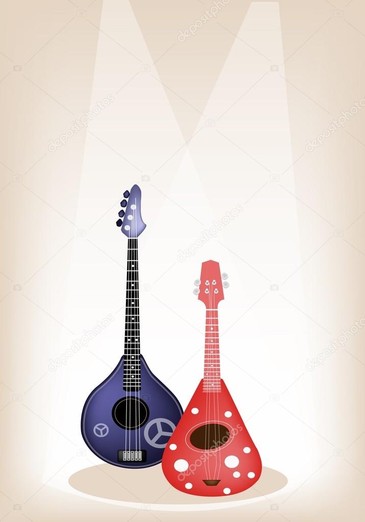 Two Beautiful Ukulele Guitar on Brown Stage Background