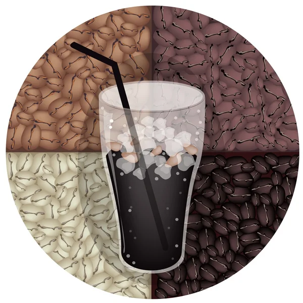 Schwarzer Eiskaffee mit gerösteten Kaffeebohnen — Stockvektor