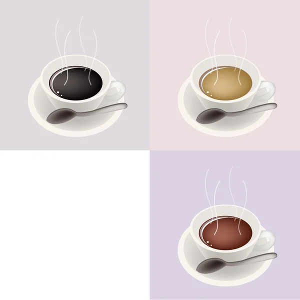 Tres tipos de café en taza de cerámica con espacio de copia — Vector de stock