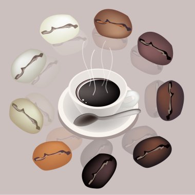 Differrent Coffee Beans Around A Coffee Cup clipart