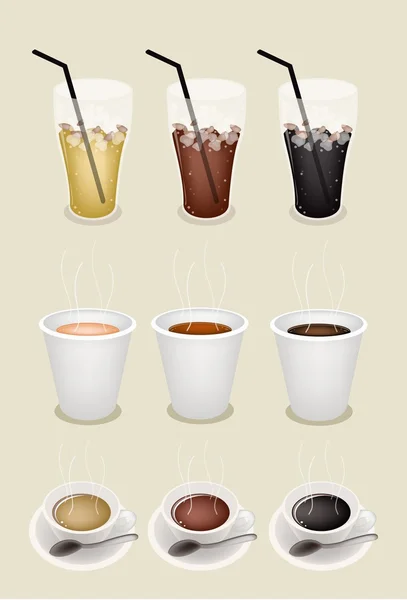 Iced koffie, warme koffie en afhaalmaaltijden koffie — Stockvector