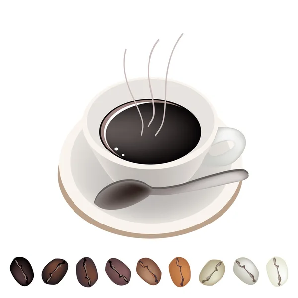 Rangée de grains de café différentiels sous une tasse de café — Image vectorielle