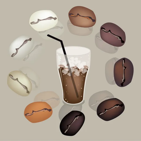 Grains de café autour d'un verre de café glacé — Image vectorielle