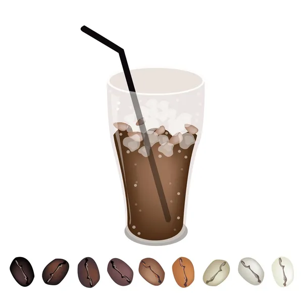 Reihe von Bohnen unter einem Glas Eiskaffee — Stockvektor