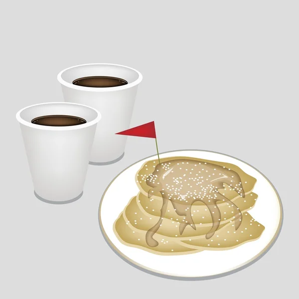Un café caliente en taza desechable con panqueques — Vector de stock