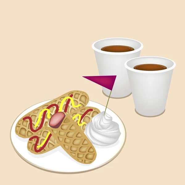 Café caliente en taza desechable con gofres de perro caliente — Archivo Imágenes Vectoriales