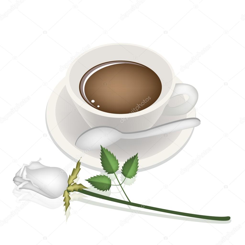 A Cup of Hot Coffee and White Rose