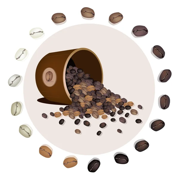 Διάφορα είδη κόκκους καφέ που έπεσε από ένα κουβά — Διανυσματικό Αρχείο