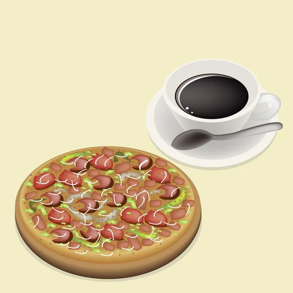 Läcker deluxe pizza på skålen med hett kaffe — Stock vektor