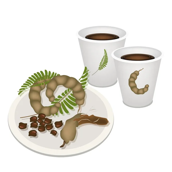 Hot Coffee with Tamarind Pod and Leaves — Stock Vector