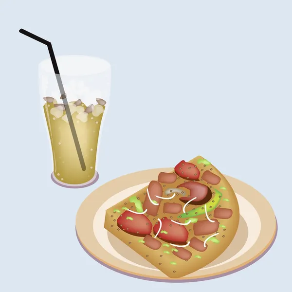 Deliciosa pizza en rodajas en el plato con té helado de limón — Vector de stock