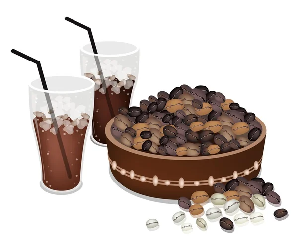Granos de café en un cubo con café helado — Archivo Imágenes Vectoriales