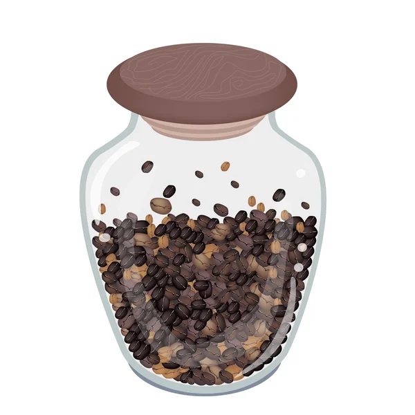 Vários tipos de grãos de café torrados em garrafa de vidro — Vetor de Stock