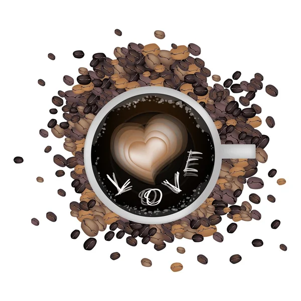 Sıcak kahve kalp şeklinde ve kelime aşk — Stok Vektör