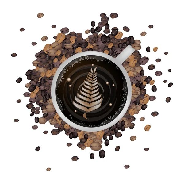 Heißer Kaffee mit Latte Art in Farnblatt — Stockvektor