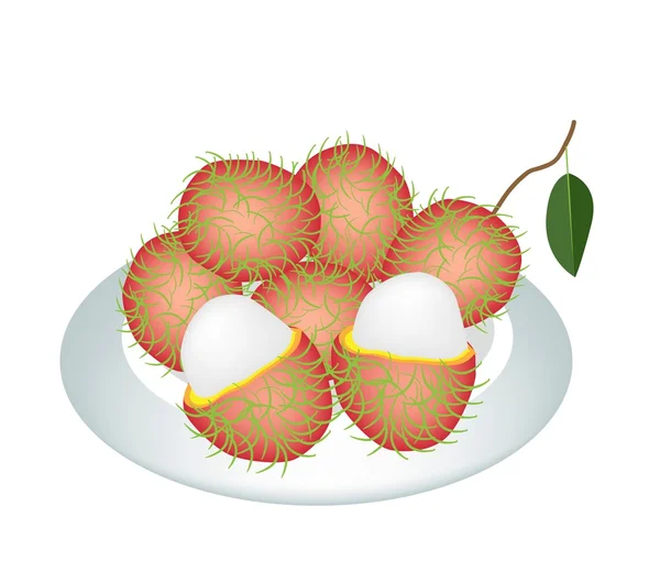 Un piatto di fresco maturo e succoso Rambutans — Vettoriale Stock