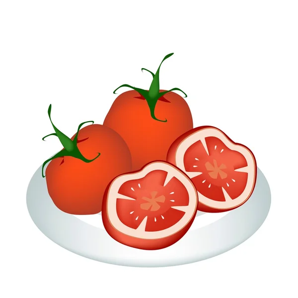 Una placa de deliciosos tomates rojos frescos — Vector de stock