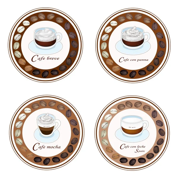 Four Type of Coffee Beverage in Retro Round Label — Stock Vector