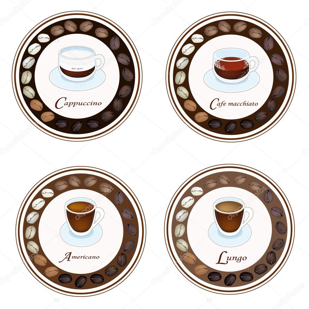 Four Kind of Coffee Drink in Retro Round Label