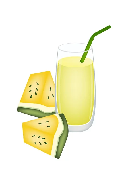 Glas gelber Wassermelonensaft und Wassermelonenfrüchte — Stockvektor