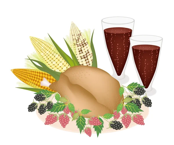 Delicious Roast Turkey, Sweetcorn, Berry Fruit and Juice — Stock Photo, Image