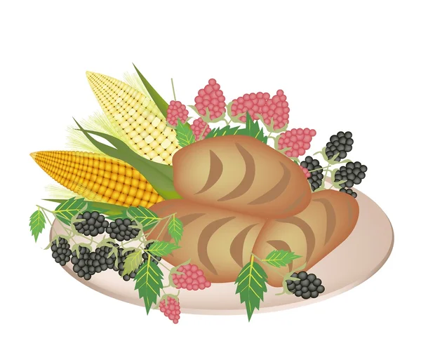Un plato de pan de maíz con fruta de la baya y maíz dulce — Vector de stock