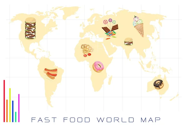 Mapa świata z fast food i słodko — Wektor stockowy