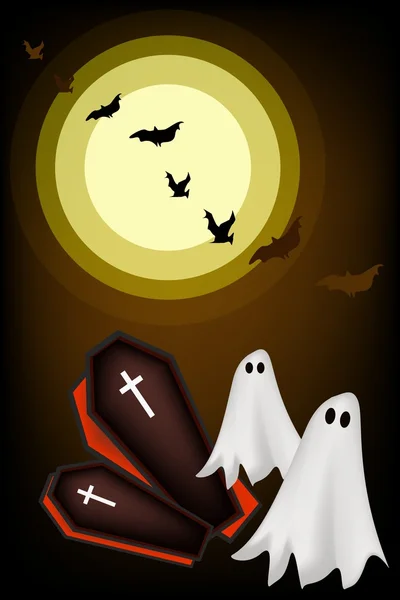 Feliz Halloween fantasmas y ataúd en fondo de noche — Vector de stock