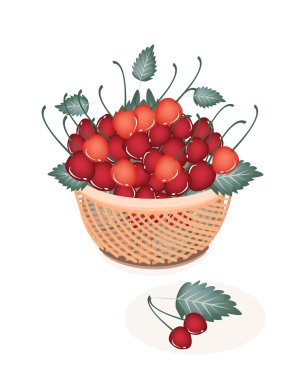 Brown Basket of Fresh Red Cherries clipart