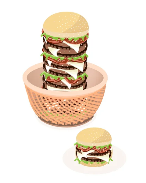 Big Cheese Burger in A Brown Basket — Stock Vector