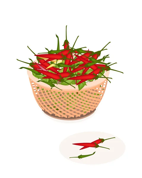 Bruin mand van rode en groene chili peppers — Stockvector