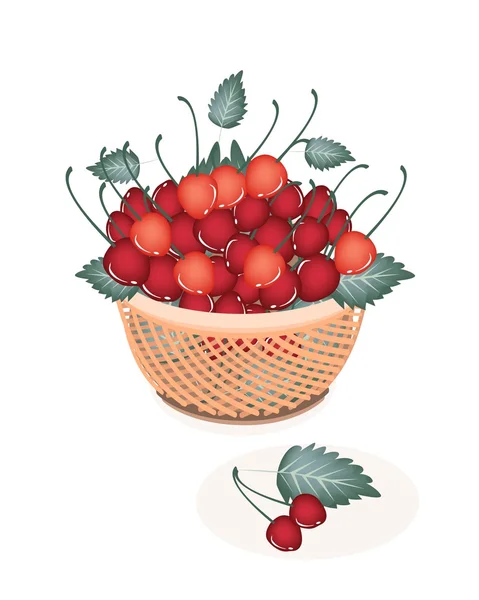 Cesta marrón de cerezas rojas frescas — Vector de stock