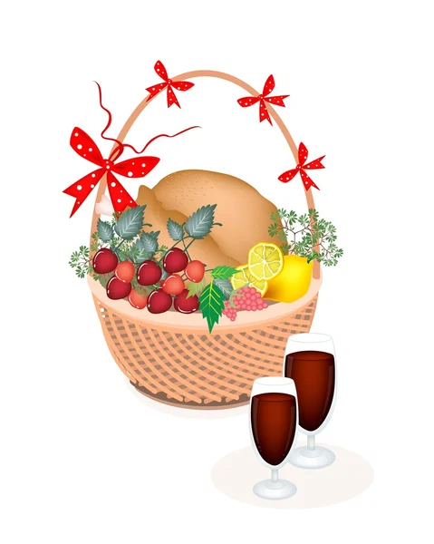 感恩节的火鸡与红酒的棕色购物篮 — 图库矢量图片