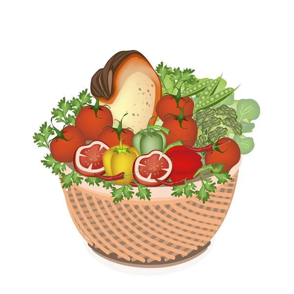 Здоровье и питание Овощи и продукты питания в корзине — стоковый вектор