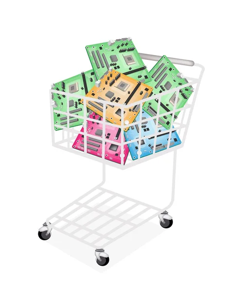 Färgglada datormoderkort i en shoppingvagn — Stock vektor