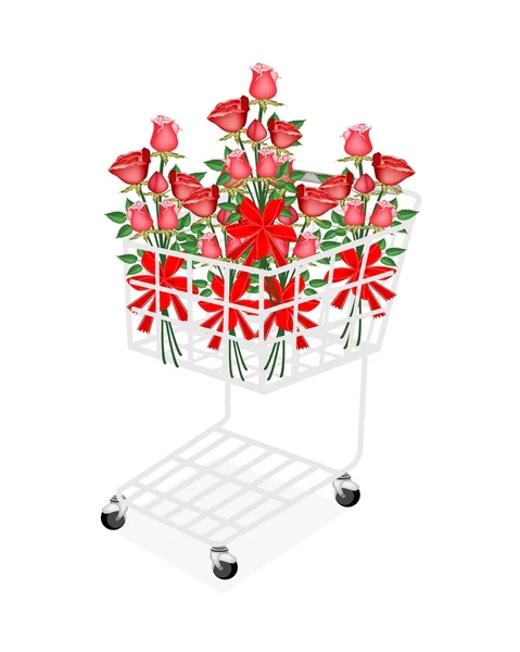 Red Rose Bouquets with Ribbon in Shopping Cart — Stock Photo, Image