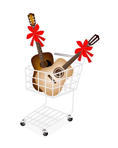Dvě kytary s červenou stuhou v nákupní košík — Stockový vektor