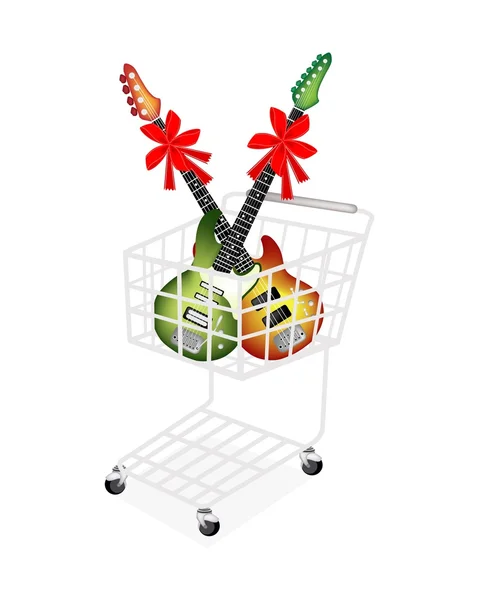 Electric Guitar with Red Ribbon in Shopping Cart — Stock Vector