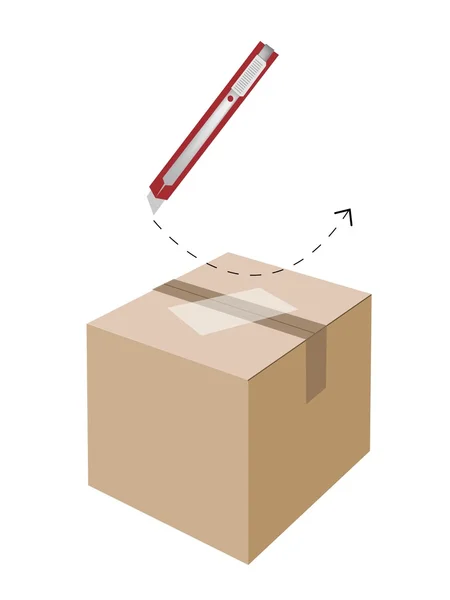 Procedimento de corte correto para abrir uma caixa de papelão — Vetor de Stock