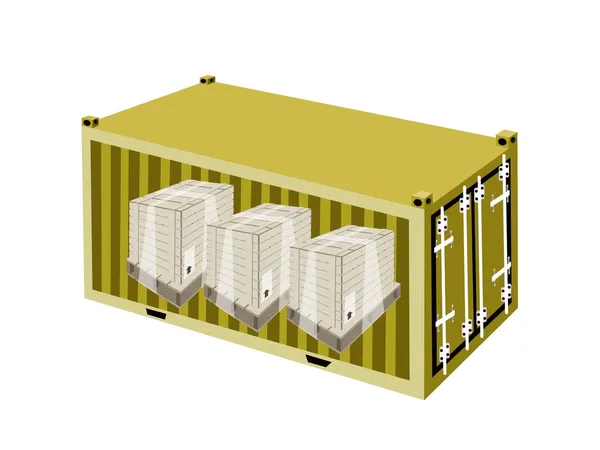 Cajas de envío con envoltura de plástico en contenedor de carga — Vector de stock