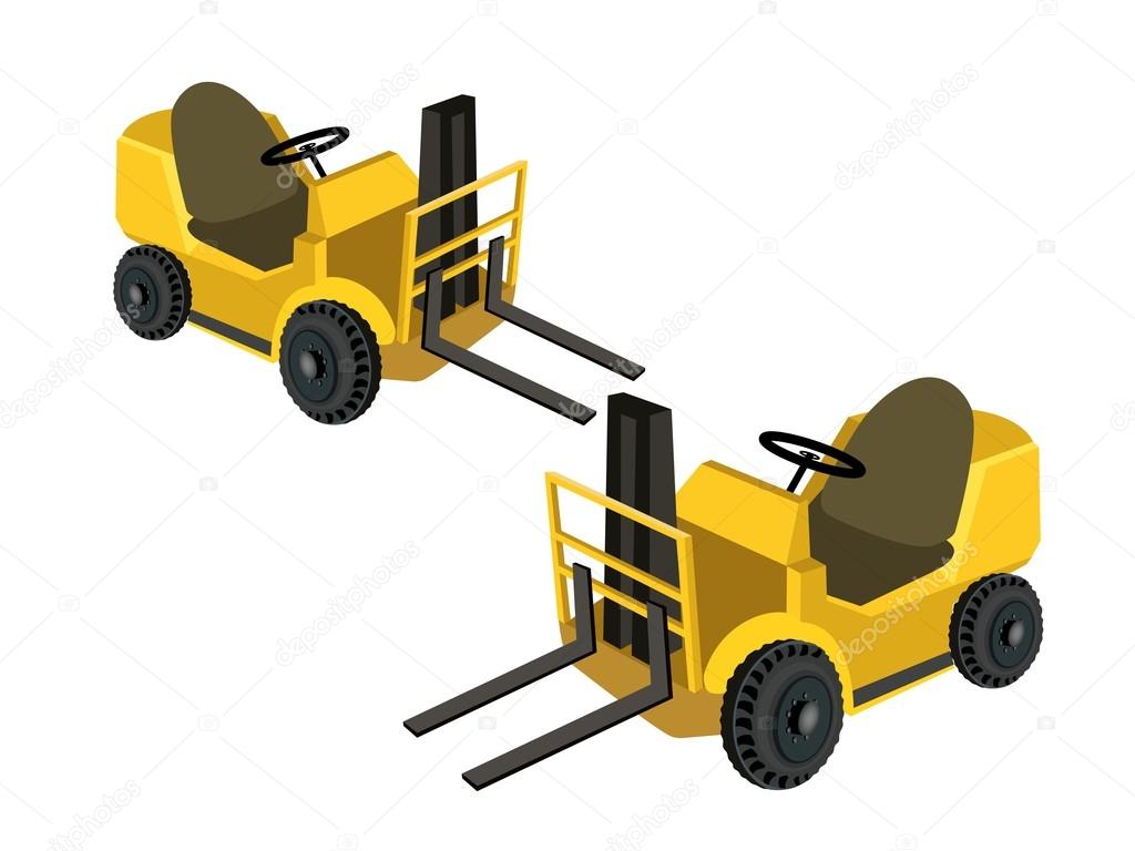 Two Powered Industrial Forklift Trucks on White Background